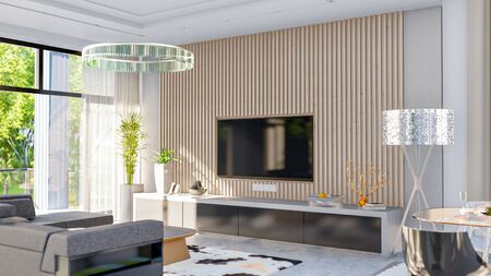 3d illustration of a modern private house on a sunny day. Interior living room - studioの写真素材