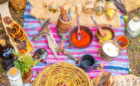 Rural food is beautifully laid out in nature. Natural food organic ingredients in a natural settingの写真素材