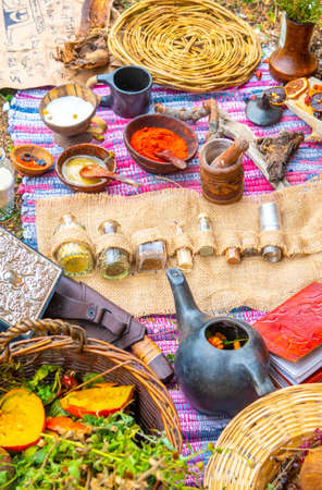 Rural food is beautifully laid out in nature. Natural food organic ingredients in a natural settingの写真素材