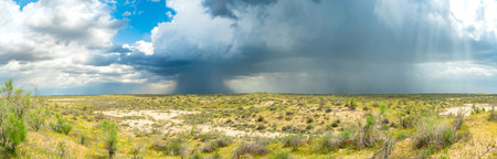 Thunderstorm unusual cloud over the Kyzylkum desert, rare rain over the desert area