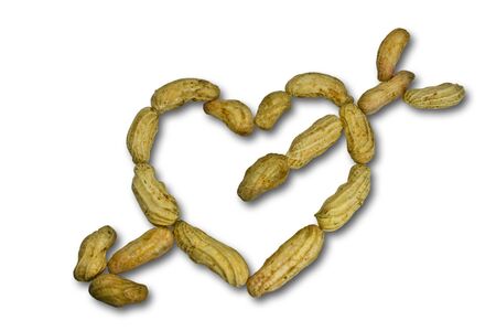 Heart-shaped nuts on a white backgroundの写真素材