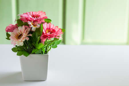 Vase of flowers on a table white background in the roomの写真素材