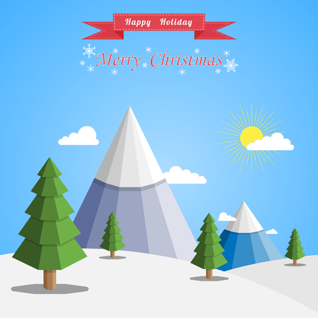 Merry Christmas Landscape, Happy holiday vector flat backgroundのイラスト素材