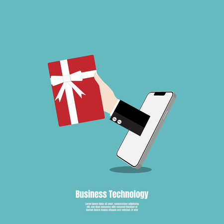 Concept for fast online delivery service. Hand holding a gift box out of smartphone screen. Vector illustration flatのイラスト素材