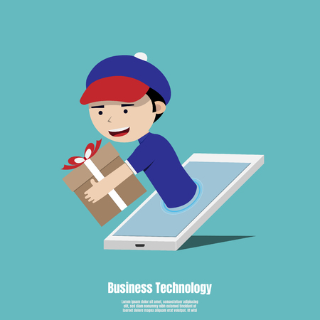Concept for fast online delivery service. Delivery man holding a gift box out of smartphone screen. Vector illustration flatのイラスト素材