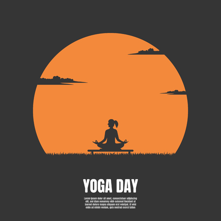 Silhouette of woman on the background of the sunset, Yoga, Fitness and healthy lifestyle, Illustration vector flatのイラスト素材