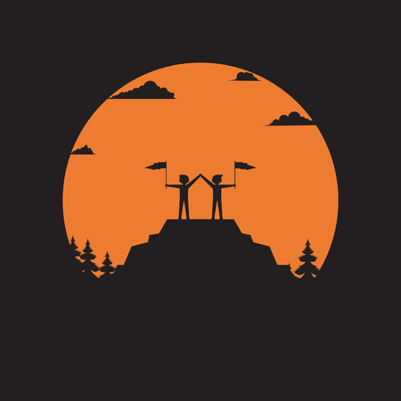 Teamwork concept, Two businessmen together rise on mountain with flag, Collaboration and success concept, Silhouette business people work together to achieve goal, Vector illustration flat designのイラスト素材