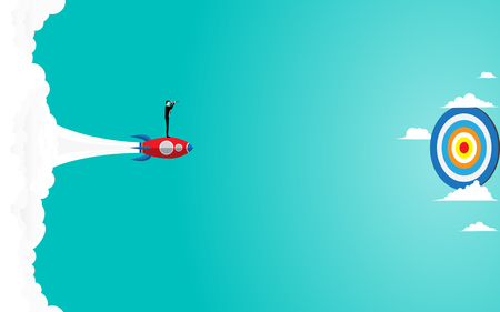 Business concept, Businessman holding binocular standing on the rocket launches go to target success, Vector illustration flatのイラスト素材