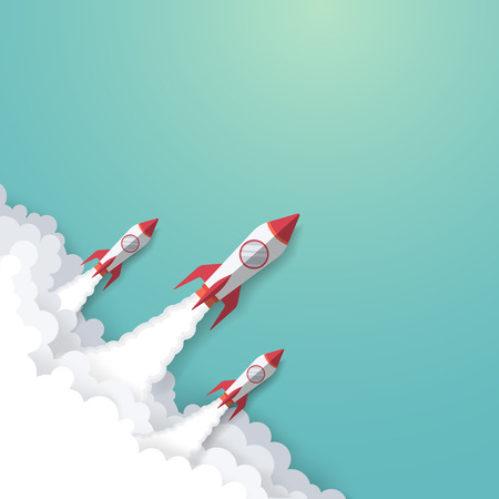 Rocket business concept. Rockets competition are flying up into the sky while flying above a cloudy. Business success goal. Manager leadership. Business startup. Creative idea. Illustration vector concept designのイラスト素材