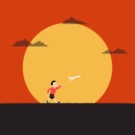 Little boy playing the plane running with paper airplane on sunset background. Inspiration, Dream, Summer, Holiday, Vector illustration flatのイラスト素材