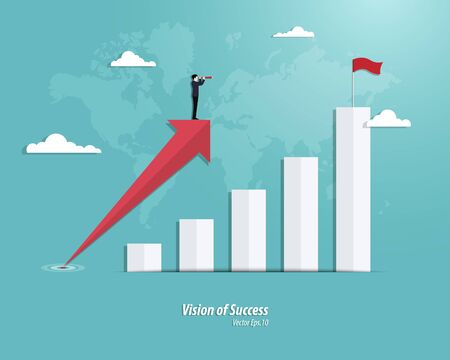 Businessman with telescope stand on arrow growth. Business graph success. Achievement concept. Arrow, Vector illustration flatのイラスト素材
