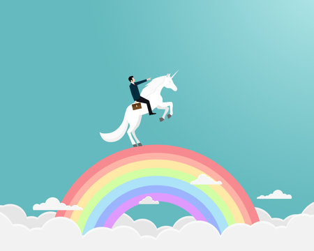 Businessman riding a unicorn on rianbow or symbol for a unicorn successful, Achievement, Leadership, Career, Vector illustration flatのイラスト素材