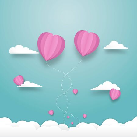 Concept of love. Heart balloons flying on the sky with cloudy. Valentine's day greeting card in paper cut style, Heart float on the sky, Vector illustration designのイラスト素材