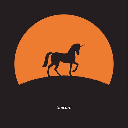 Silhouette unicorn horse on the sunset background, Symbol of achievement, Concept, Vector illustration flatのイラスト素材