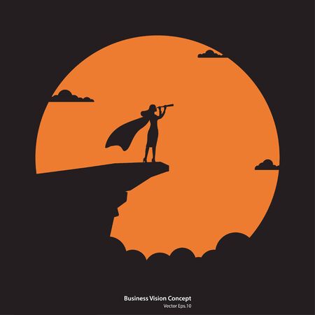 Business vision and target. Silhouette business woman holding telescope standing on cliff looking front to the success goal. Concept business, Achievement, Leadership, Vector illustration flatのイラスト素材