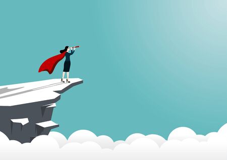 Business vision and target. Super business woman holding telescope standing on cliff looking front to the success goal. Concept business, Achievement, Character, Leadership, Vector illustration flatのイラスト素材