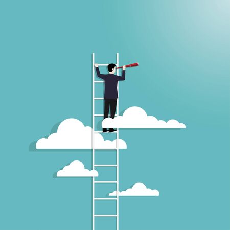 Business vision concept with business man standing on top of ladder above clouds. Symbol of new opportunities, Career, Visionary, Success, Achieve. Vector illustration flatのイラスト素材