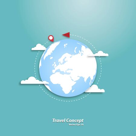 Paper Plane flying around the world. Travel and tourism concept. Happy holiday, Paper cut, Vector illustrationのイラスト素材