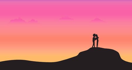 Couple stand on mountain with sunset background, Silhouette style, Valentines Day greeting card, Holiday party, Banner, Poster, Vector illustration flat designのイラスト素材