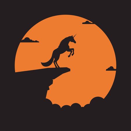 Silhouette unicorn horse on cliff with sunset background, Symbol of achievement, Concept, Vector illustration flatのイラスト素材