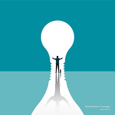 Happy businessman standing in front of the light bulb door. Business achieve concept, Leadership, Success of career, Idea, Vector illustration flat styleのイラスト素材