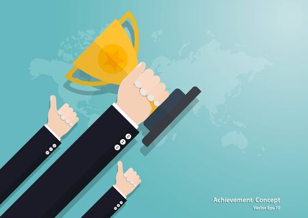 Business hand holding trophy cup, business finance concept, achievement, leadership, vector illustration flat styleのイラスト素材