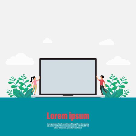 Business achievement of background. Presentation for work on a laptop. Couple of two happy smiling people. Empty space for text you. Vector illustration flat styleのイラスト素材