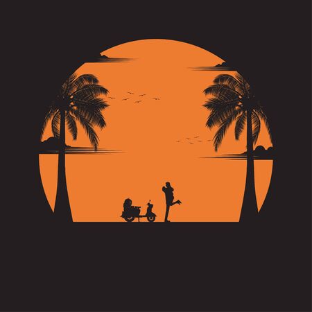 Summertime concept. Couple in happy of love on the beach of sunset background. business travel greeting card. silhouettes of love on nature and coconut plants. vector illustration flat styleのイラスト素材