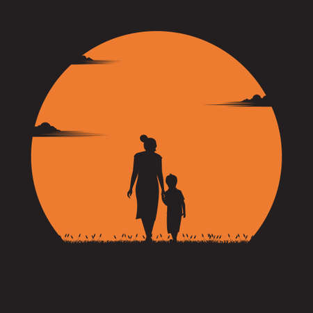 Mother day concept. mother walked in hand with her son in the sunset. holiday, silhouette, vector illustration flat design