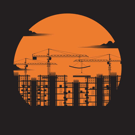 Silhouette of construction. Building under Construction site, Construction concept, City houses, Crane, Reinforced concrete blocks, Industry, Sunset background,Vector illustration flat designのイラスト素材