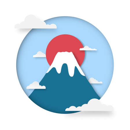 Mountain background. Mountain  with snow on the peak at sunrise. Japanese greeting card or banner paper cut. Vector illustrationのイラスト素材