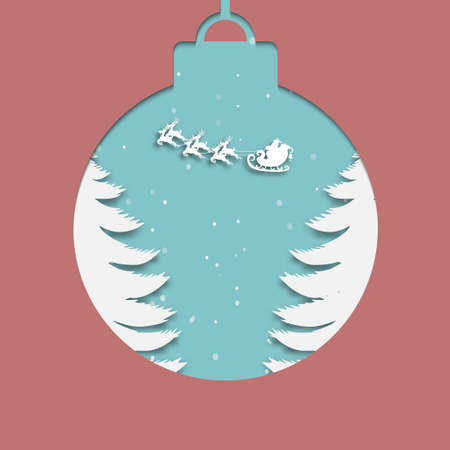 2021 Christmas and Happy New Year greeting card background. Xmas ball on winter landscape decoration design. Illustration of Santa Claus on the sky. Paper styleのイラスト素材