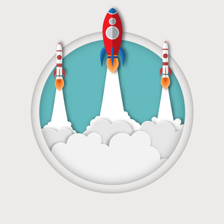 Rocket group outside the box. Space shuttle launch to the sky ejected from the circle. Startup business concept. Creative. Vector illustration paper artのイラスト素材