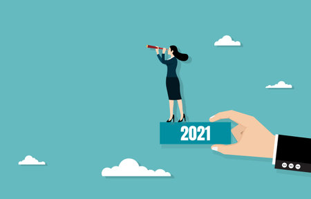 Business vision and target. Businesswoman holding telescope standing on the box in hand. She looks at go to success in career. Concept business, Achievement, Character, Leader, Vector illustration flatのイラスト素材