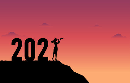 Concept of New Year 2021 and business development. Businesswoman with a telescope. Vision and look...