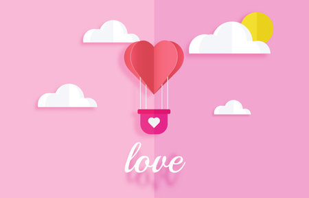 Love Invitation card Valentine's day balloon heart on abstract background with text love, clouds, sun, paper cut pink heart. Vector illustrationのイラスト素材
