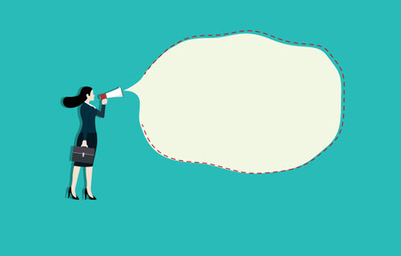 Businesswoman hold megaphone with bubble speech advertising. Concept business illustration. Goal setting. Smart goal. Business target concept. Achievement and success. Vector illustration flatのイラスト素材