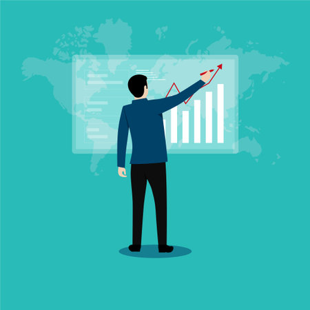 Business success goals. Career path for business growth success process concept. Businessman stand looking at the screen. achievement, leadership, vision, opportunity, vector flatのイラスト素材