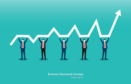 Business teamwork concept. Team of five people standing and holding indicator of growth and development in common business on raised hands. Vector illustration flatのイラスト素材
