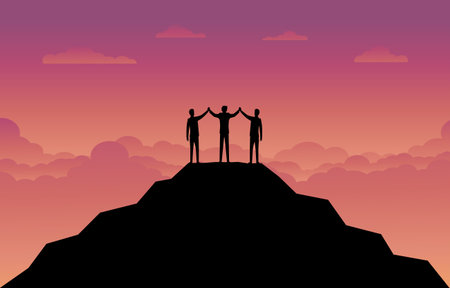 Business finance background. Silhouette of the businessman team on the mountain. Leadership Concept....