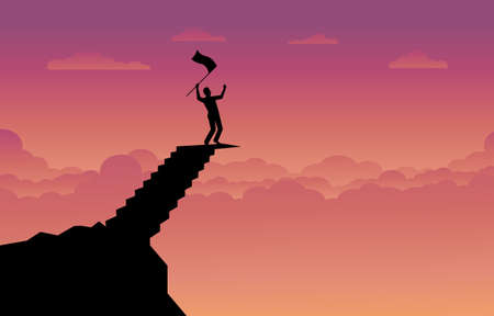 Silhouette of a businessman holding a flag on top mountain stair, Sky sunset with sunlight background. Business, success, leadership, achievement and goal concept. Vector illustration flatのイラスト素材