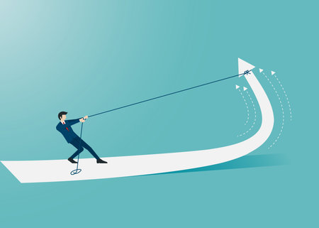 Businessman pulling arrow with rope and making it raise up. Marketing and finance concept. Symbol...