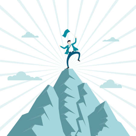 Concept of business financial success. Businessman climb up to holds flags jumping on top of mountain celebrating their success. Symbol, Achievement, Ambition, Leadership. Vector Illustration flatのイラスト素材