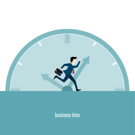 Business time working. Businessman running chase a rolling time. Business concept. Vector illustration in flat styleのイラスト素材