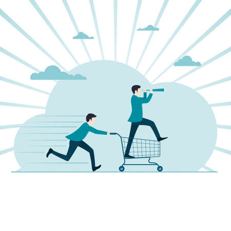 Businessman holding binocular inside of shopping cart and the second guy pushing his. Business concept of market and investment. Vector illustration flatのイラスト素材