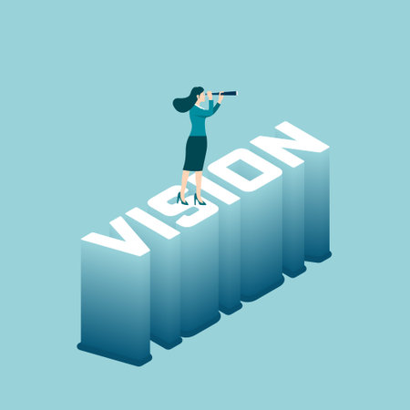 Businesswoman holding binocular on text 3D. Vision of leadership. Business concept of market and...