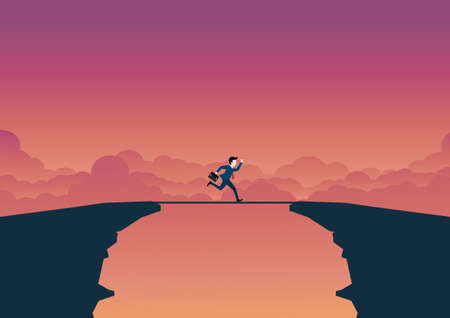 Business man run cross cliff, business success concept, business 2022, leadership, achievement, sunset background, silhouete vector illustrationのイラスト素材