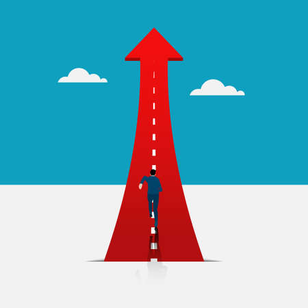symbol of reaching the business target. motivation or challenge to achieve success. career growth or improvement concept. ambitious businessman running on a growth arrow path to the target. vectorのイラスト素材
