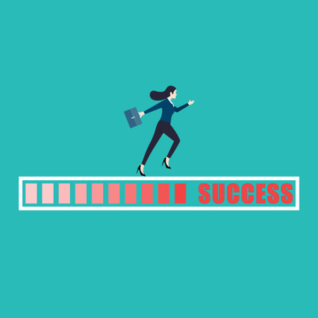 Success or achieving the goal, business step career path, mission challenge to succeed, improvement concept, ambitious businesswoman run on the progress bar to achieve success. vector illustrationのイラスト素材