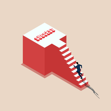 Business challenge concept with ladder up to success. Businessman running up on stair, symbol for career growth, achieve, leadership, vector illustration flatのイラスト素材